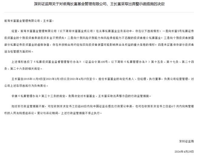 因承诺开云网址投资本金不受损失长富基金被深圳证监局警示(图1)