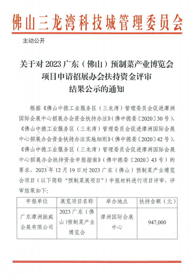 关于对2023广东（佛山）预制菜产业博览会项目申请招展办会扶持资金评审结果公示的通知(图1)